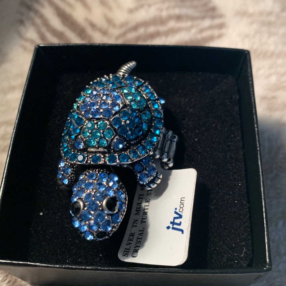 Blue Green Crystal Turtle Statement Ring - Elasti… - image 1